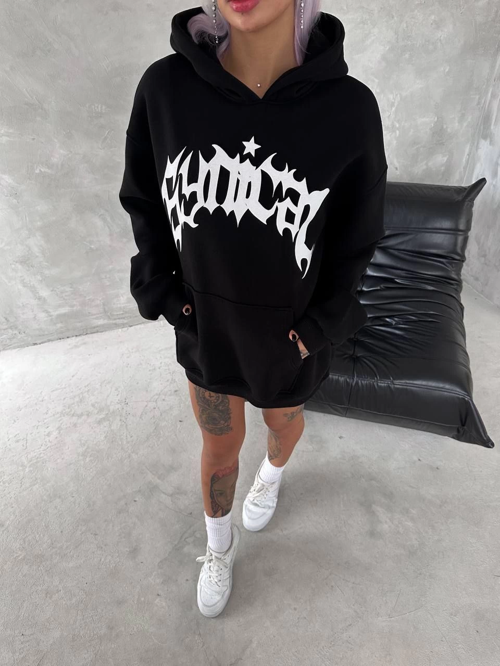VF-Üç İplik Kapüşonlu Baskılı SweatShirt - Siyah -