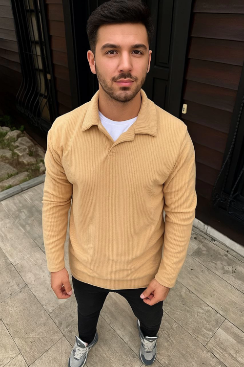 VF-Fitilli Polar Sweatshirt – Düğmesiz Polo Yaka, Oversize Rahat Kalıp, Kalın Polar Kumaş, Kışlık ve Baharlık Şık Günlük Üst - Bej