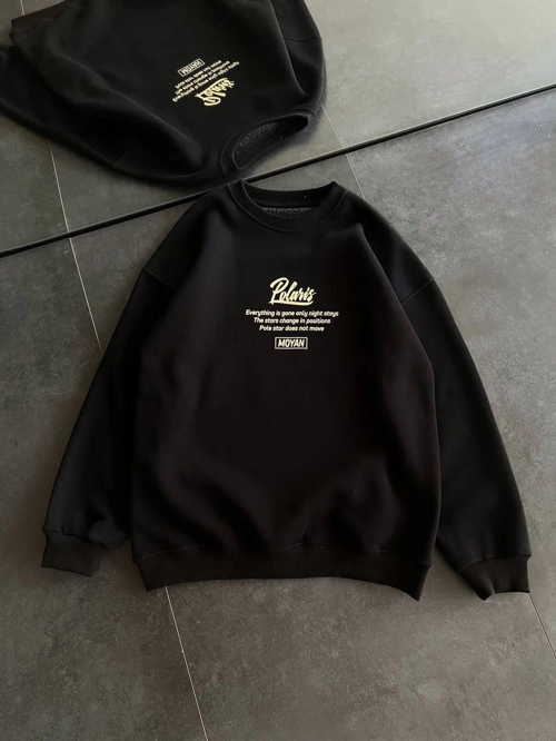 VF-Kışlık Bisiklet Yaka Ön Ve Arka Baskılı SweatShirt - Siyah -