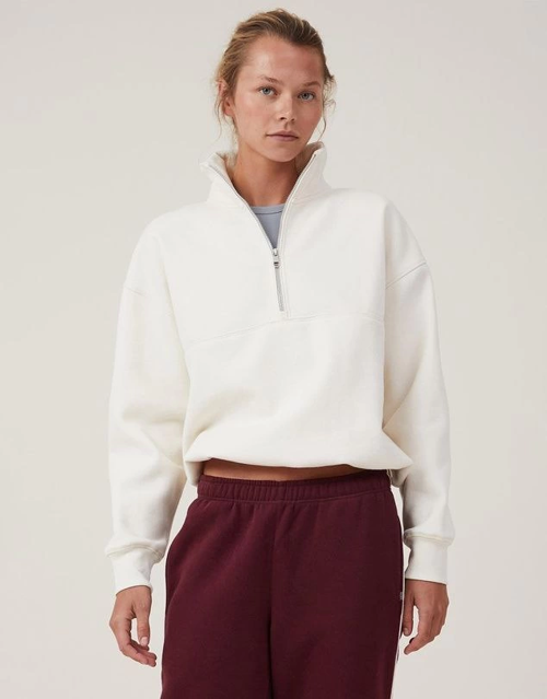 VF-Oversize Yarım Farmuarlı Yakalı Basic SweatShirt - Beyaz -