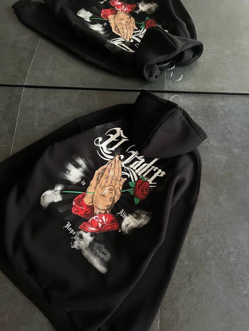 VF-Üç İplik Penye Uzun Kol Kapşonlu Baskılı SweatShirt - Siyah -