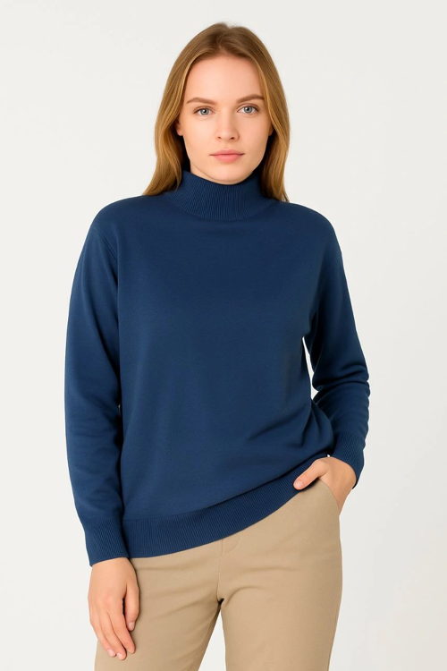 VF-Kadın Yarım Boğaz Triko Kazak yumuşak dokulu Pamuklu ince Dokuma, uzun kollu Rahat Regular kalıp - İndigo