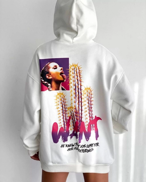 VF-Baskılı Üç İplik Kapüşonlu Oversize Sweatshirt - Beyaz -