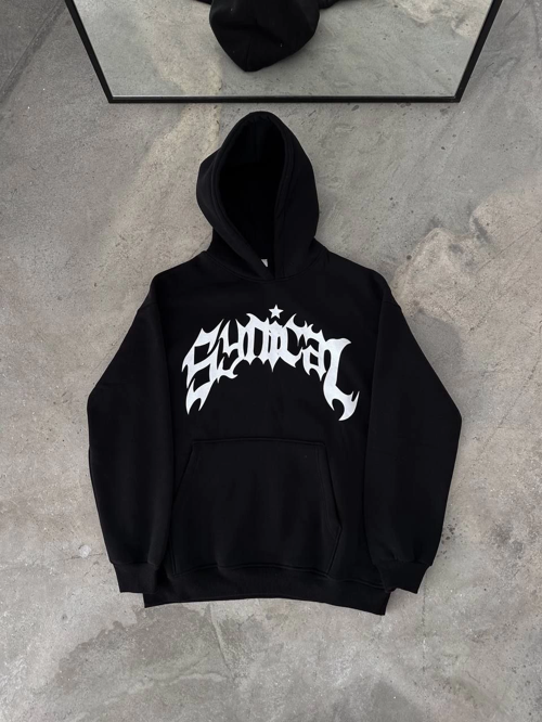 VF-Üç İplik Kapüşonlu Baskılı Oversize SweatShirt- Siyah -