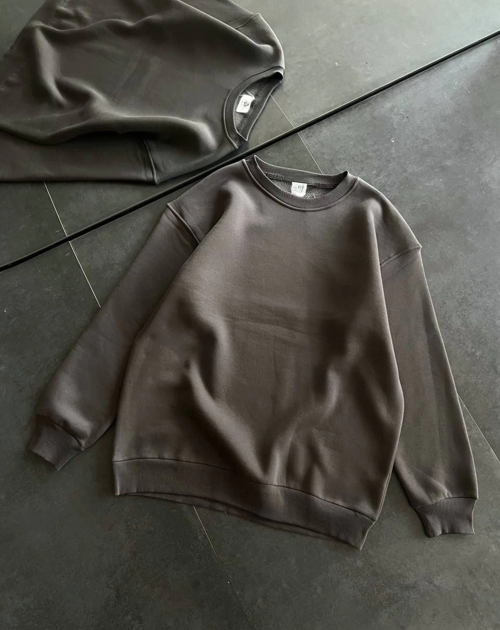 VF-Kışlık Bisiklet Yaka Üç İplik Basic SweatShirt - Füme -