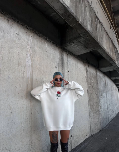 VF-Oversize Üç İplik Bisiklet Yaka Baskılı SweatShirt - Beyaz -