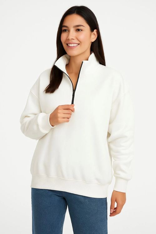 VF-Üç İplik Dık Yaka Yarım Fermuarlı SweatShirt - Beyaz -