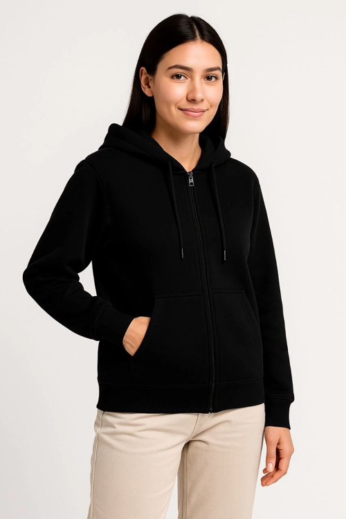 VF-Üç İplik Kapüşonlu Tam Fermuarlı Kanguru Çepli SweatShirt Hoodie - Siyah -