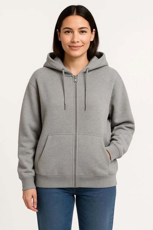 VF-Üç İplik Kapüşonlu Tam Fermuarlı Kanguru Çepli SweatShirt Hoodie - Gri -
