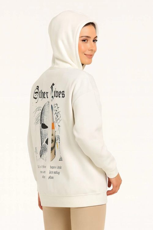 VF-Kapşonlu Sweatshirt – Oversize “Other Lives” Ön Arka Baskıl Beyaz -