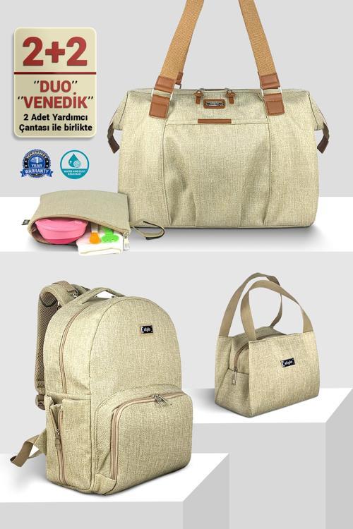 Anne Bebek Bakım Kadın Omuz Çantası Venedik & Duo Anne Bebek Bakım Sırt Çantası Takım-Bej