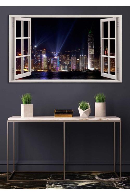 Açılır Pencere Görünümlü Şehir Manzaralı Kanvas Tablo