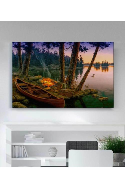 Romantik Arka Plan Göl Ağaçları Tekne Ateşi Kanvas Tablo