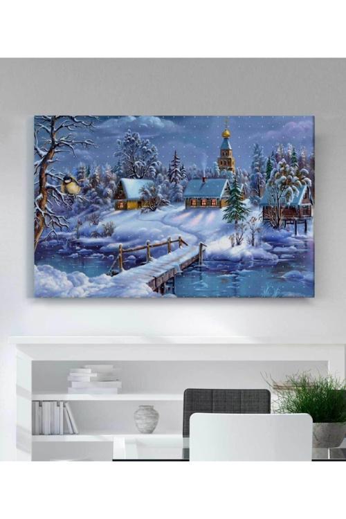 Kış Manzarası Köy Kilise Kanvas Tablo