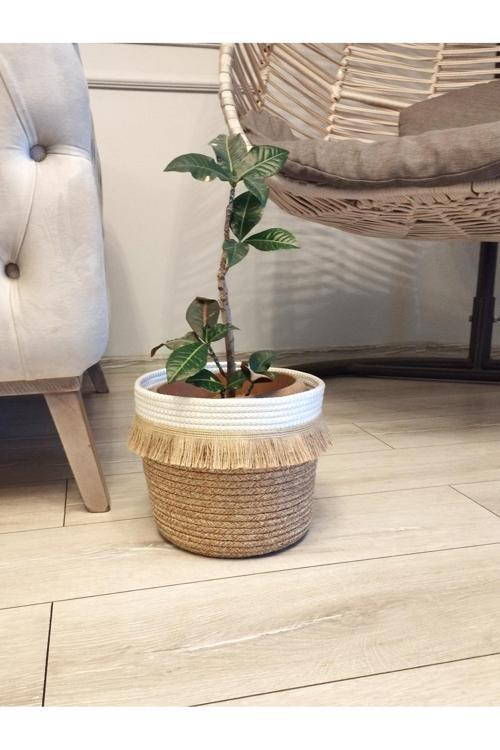25X20 Püsküllü Bohem Hasır Hediyelik Sepet Saksılık Düzenleyici Organizer