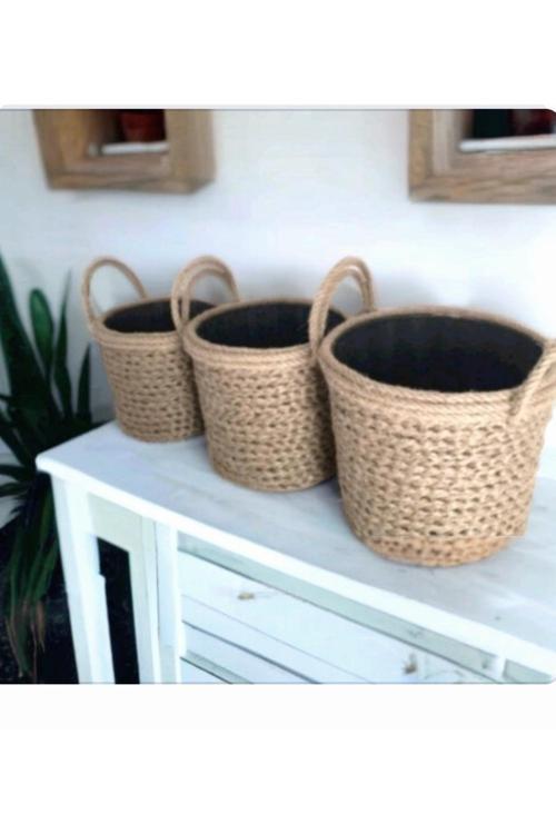 3 Adet Dikilebilir Hasır Görünümlü Saksı Saksılık Sepet