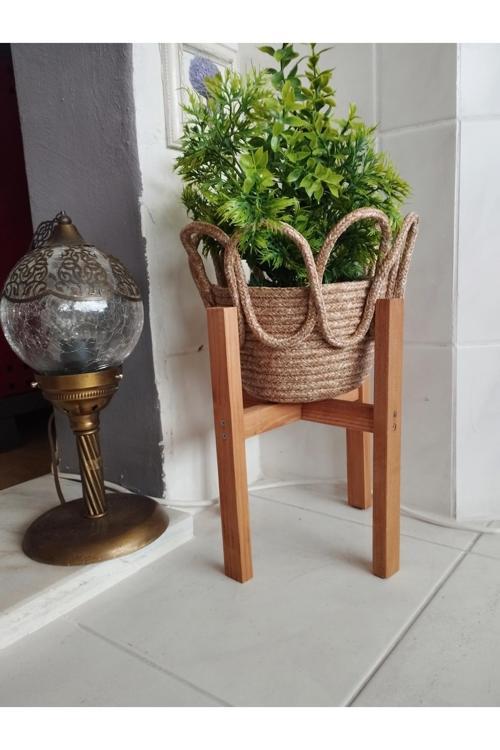 2 Li Set.Ahşap Ayaklı Saksılık Ve Hasır Sepet Saksılık