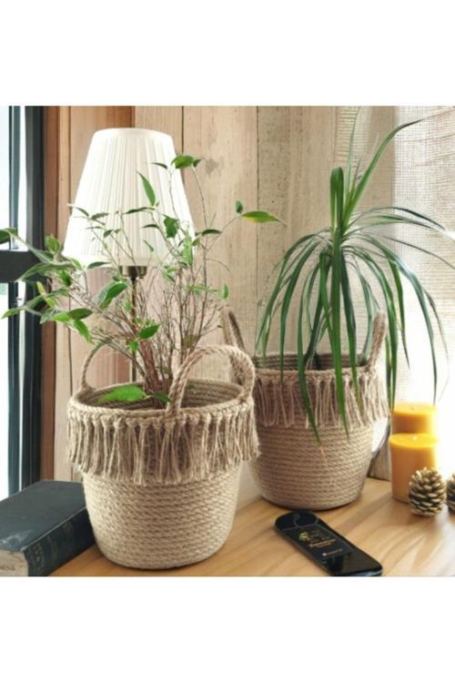 2 Adet Hasır Jüt Sepet Dekoratif Sepet Hediye Sepeti Saksılık Düzenleyici Saksı Giydirme Sepeti