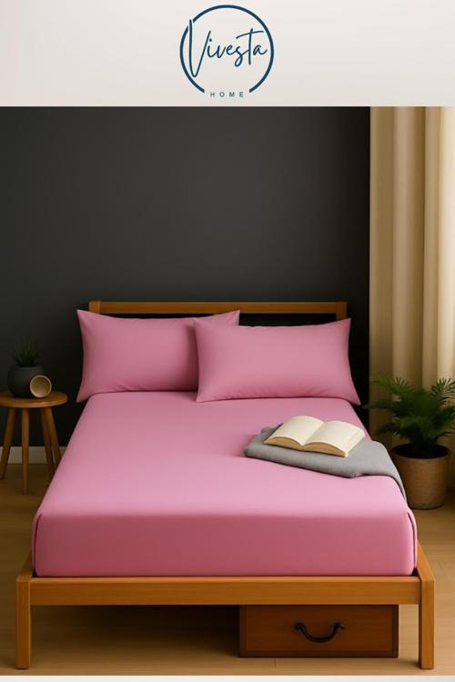 180X200 Çift Kişilik Pembe Lastikli Çarşaf Seti + 2 Adet 50X70 Yastık Kılıfı | Yumuşak Kumaş