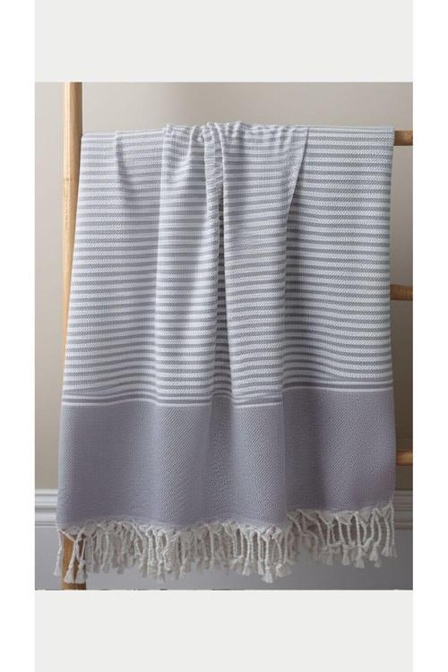 %100 Pamuk İnce Çizgili Gri Beyaz 90X170 Cm Peştemal Plaj Havlusu