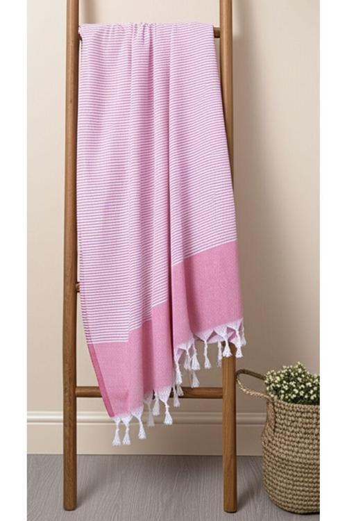 %100 Pamuk İNce Çizgili Pembe Beyaz 90X170 Cm Peştemal Plaj Havlusu