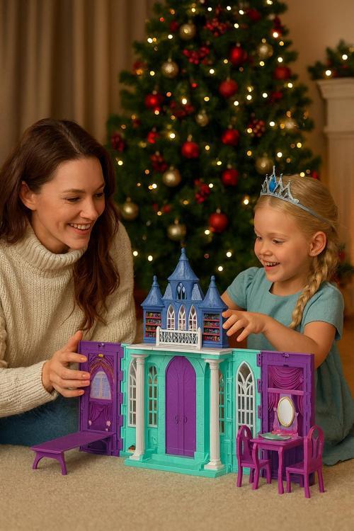 Taşınabilir Bebekli Buzlar Kraliçesi Şato Oyun Seti 86x63cm 3 Yaş Üstü Mavi Aksesuarlı Çocuklar İçin