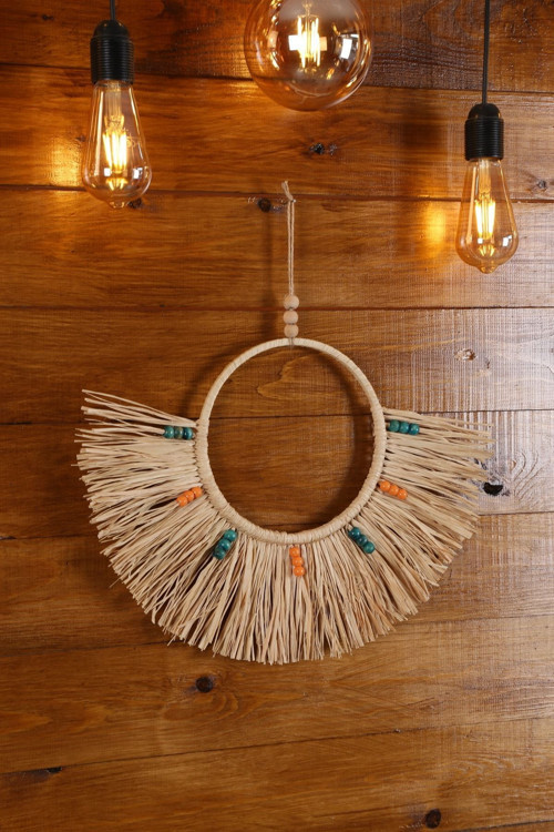 Dekoratif Yelpaze Rafya Ayna Boncuklu Duvar Süsü Y0006