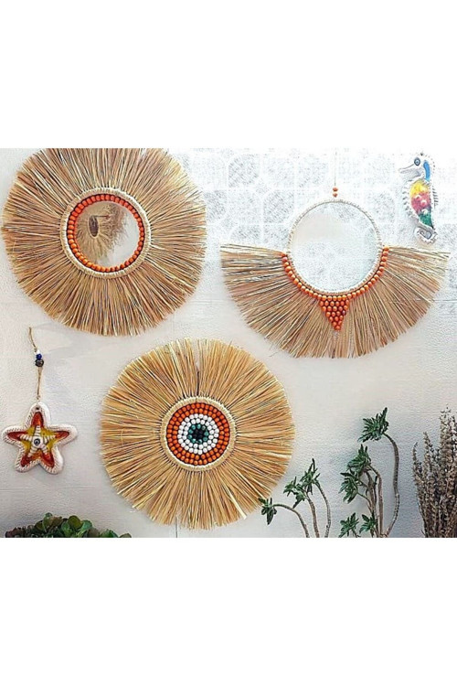 3 Lü Dekoratif Boncuklu Rafya Ayna Yelpaze Rafya Ayna Ve Boncuklu Duvar Süsü