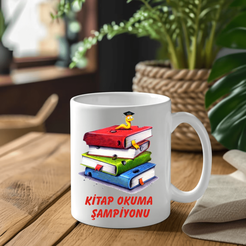 Kitap Kurdu Temalı Kişiye Özel Beyaz Kupa Bardak idbk122