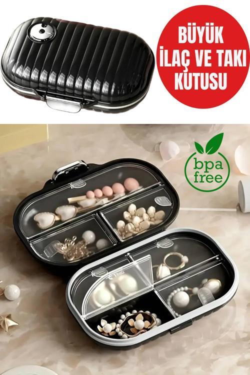 Büyük Siyah 7 Bölmeli İlaç ve Takı Düzenleyici Kutusu – Seyahat Tipi Sızdırmaz İlaç Kutusu