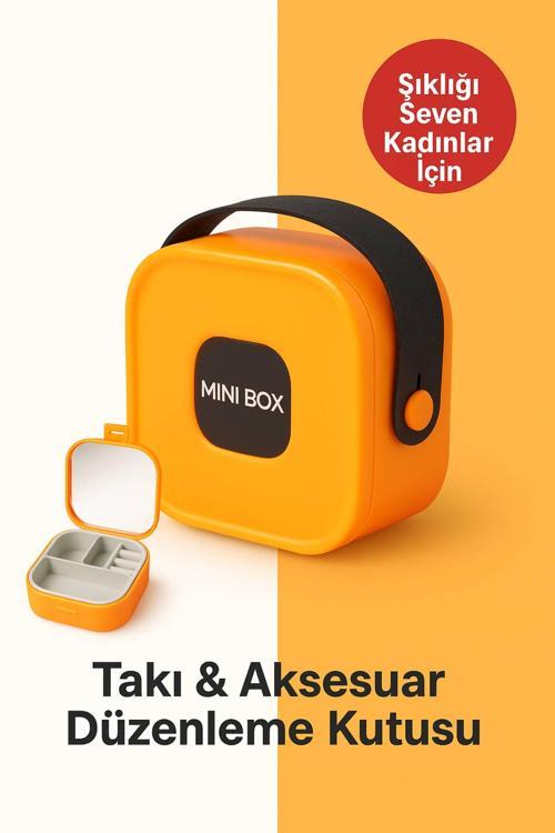 Mini Takı Kutusu Ayna ve 4 Bölmeli Seyahat Düzenleyici – Kolye, Küpe, Yüzük Saklama Kutusu Turuncu