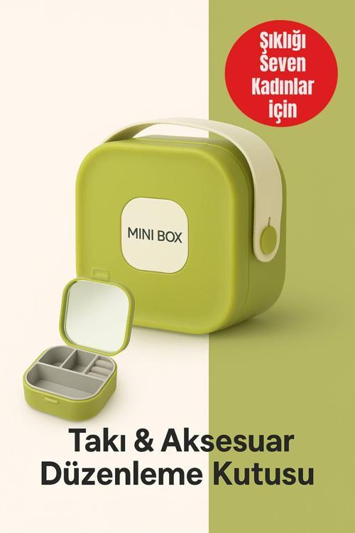 Mini Takı Kutusu Ayna ve 4 Bölmeli Seyahat Düzenleyici – Kolye, Küpe, Yüzük Saklama Kutusu Yeşil
