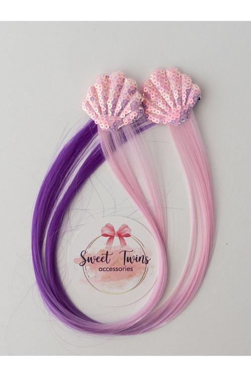 Pullu İstiridye Pembe Mor Postiş Saç Pens Toka