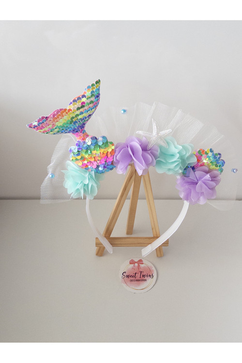 Trend Deniz Kızı Çocuk Taç İstiridye Yıldız Beyaz Tüllü Rengarenk Çiçekli Çocuk Tacı