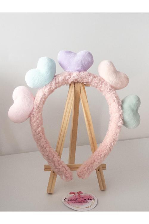 Renkli Kalpli Pembe Çocuk Taç Peluş Çocuk Tacı