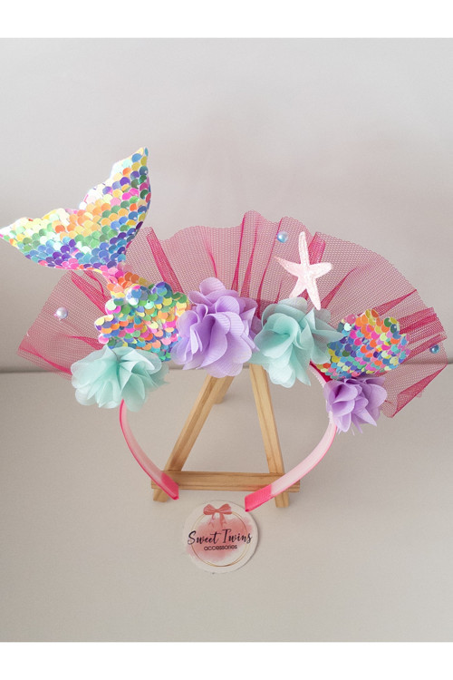 Trend Deniz Kızı Çocuk Taç İstiridye Yıldız Tüllü Rengarenk Çiçekli Çocuk Tacı Doğum Günü Parti Tacı