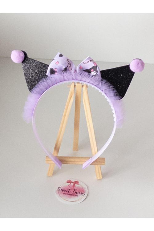 Trend Kuromi Çocuk Taç Mor Siyah Kurdela Fiyonklu Ponponlu Çocuk Tacı