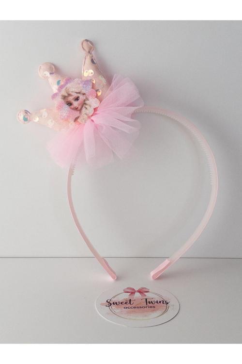 Trend Pembe Elsa Çocuk Taç Tüllü Pullu Taçlı Çocuk Tacı