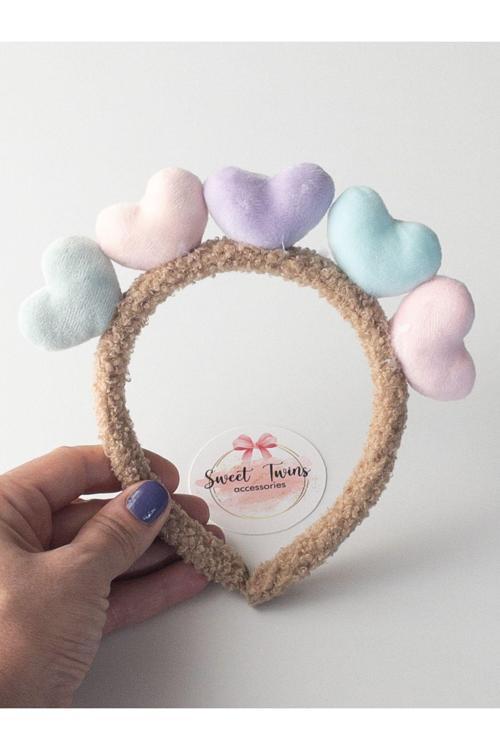 Renkli Kalpli Peluş Kahverengi Taç