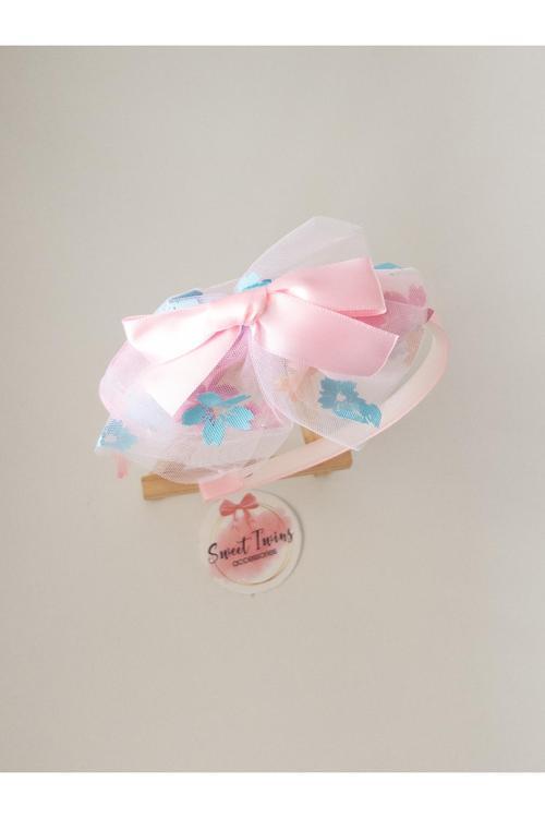 Çiçek Desenli Pembe Çocuk Taç Tüllü Fiyonklu Çocuk Tacı