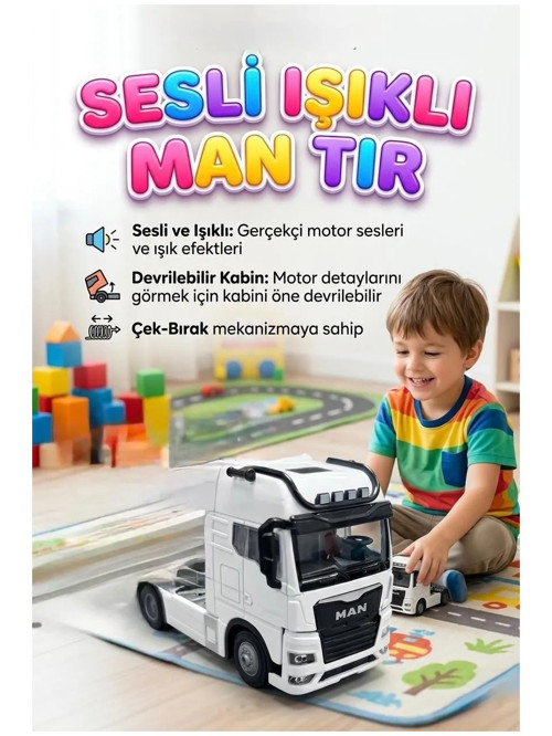 Işıklı Sesli Pilli Çek Bırak MAN Metal Oyuncak Tır BEYAZ