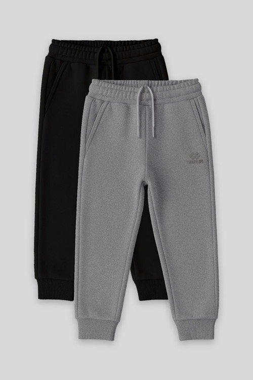 Standart Fit Basic 2li Paket Siyah-Gri Melanj Erkek Çocuk Eşofman Alt - 11224
