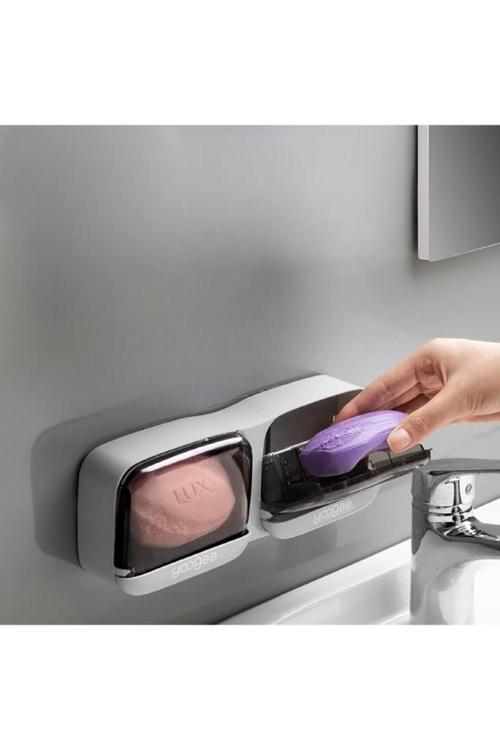 Kapaklı 2 Bölmeli Sabunluk Süngerlik Yapışkanlı Duvara Monte Banyo Mutfak Su Tutmaz Sünger Tutucu