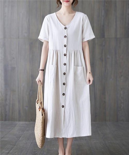 Keten Günlük Rahat V Yaka Beli Büzgü Detaylı Düğmeli Elbise