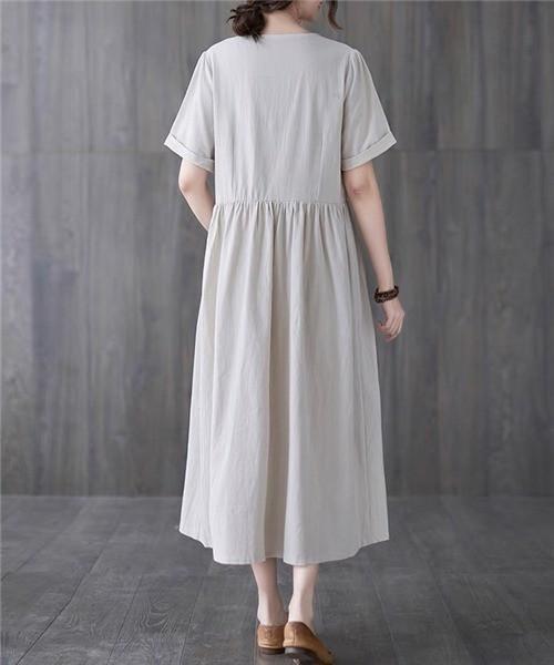 Keten Günlük Rahat V Yaka Beli Büzgü Detaylı Düğmeli Elbise