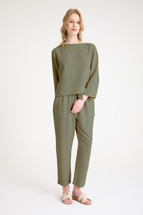 Keten Günlük Rahat Beli Kemerli Kadın İkili Takım Haki Alt Üst