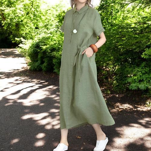 Tam Boy Kısa Kollu Keten Elbise