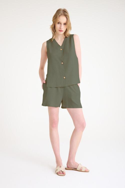 Keten Yazlık Dekolteli Kolsuz Bluz Şort Haki İkili Takım