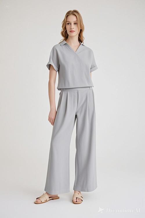 Keten Zarif Kadin T-shirt ve Uzun Pantolon Alt Üst İkili Takım V Yaka Kısa Kollu Salaş Rahat Gri Elbise