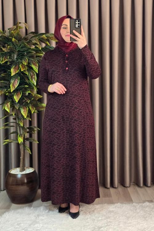 Kadın Tesettür Giyim Büyük Beden Anne Leopar Desen Elbise 